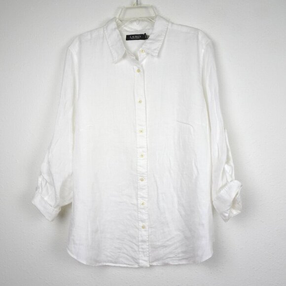 Ralph Lauren Linen Blouse Top Women's Plus Size 2X White Roll Tab Sleeve Classic - Picture 1 of 10
